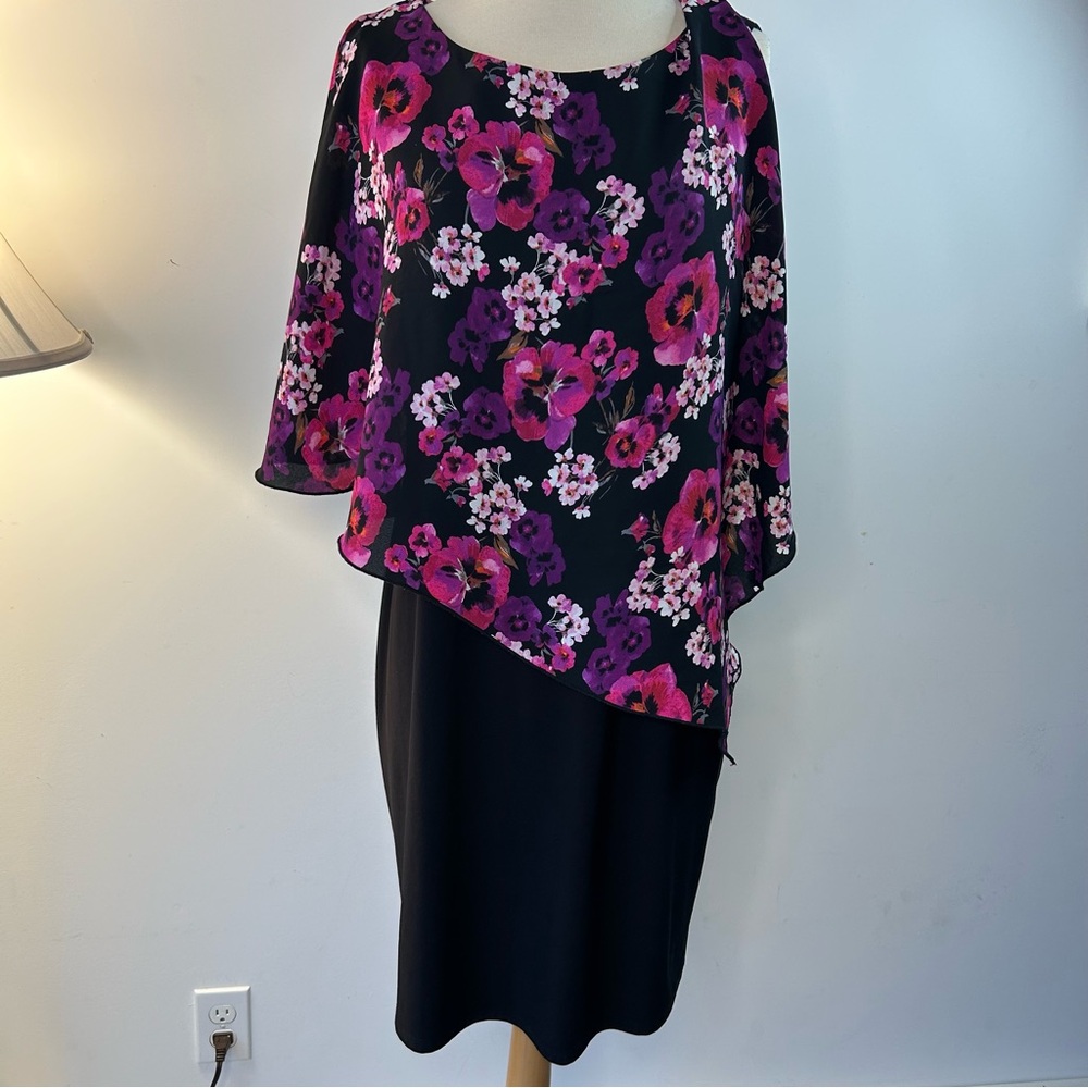 Sears Black and Pink Floral Asymmetrical Dress